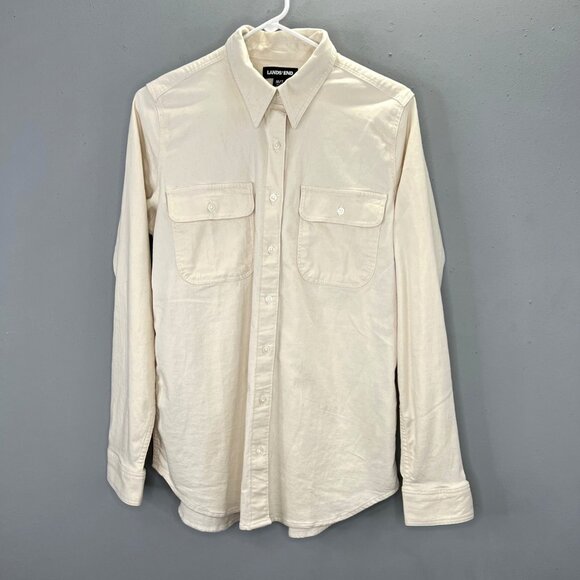 Lands End Button Up Shirt M/T Women Cream Beige Canvas Work Shirt Long Sleeve - Picture 1 of 5